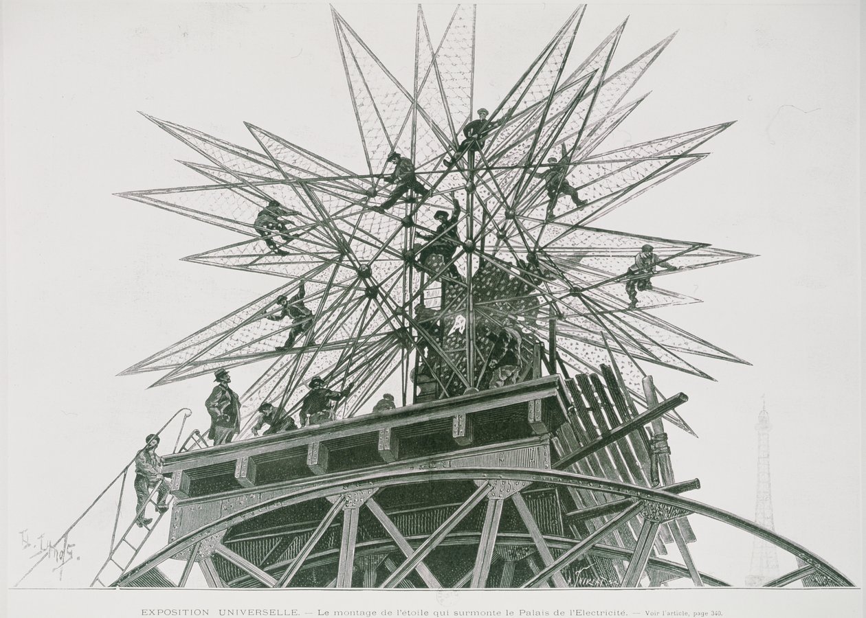 Weltausstellung 1900: Installation des Sterns auf dem Palast der Elektrizität (Gravur) von Henri Lanos