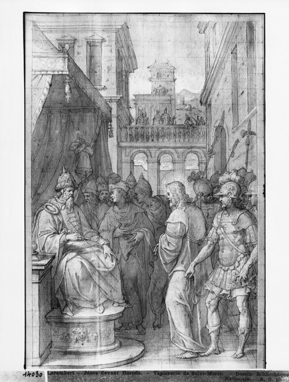Leben Christi, Christus vor Herodes, Vorbereitungsstudie für den Wandteppichentwurf für die Kirche Saint-Merri in Paris, ca. 1585-90 von Henri Lerambert