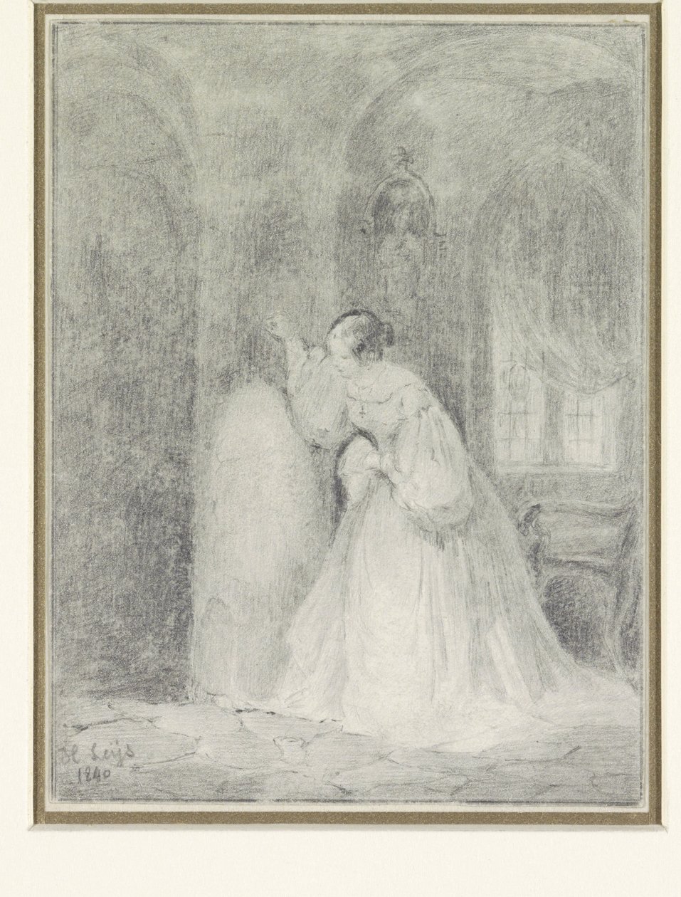 Interieur mit junger Frau, die sich gegen eine Säule lehnt von Henri Leys (baron)