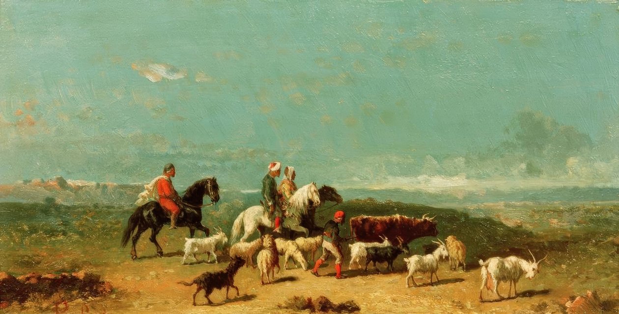 Arabische Reitergruppe mit einem Ziegenhirten in weiter Landschaft von Henri Lucien Robert