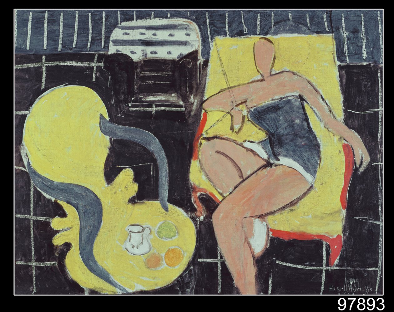Tänzerin und Rokoko-Sessel auf schwarzem Hintergrund von Henri Matisse
