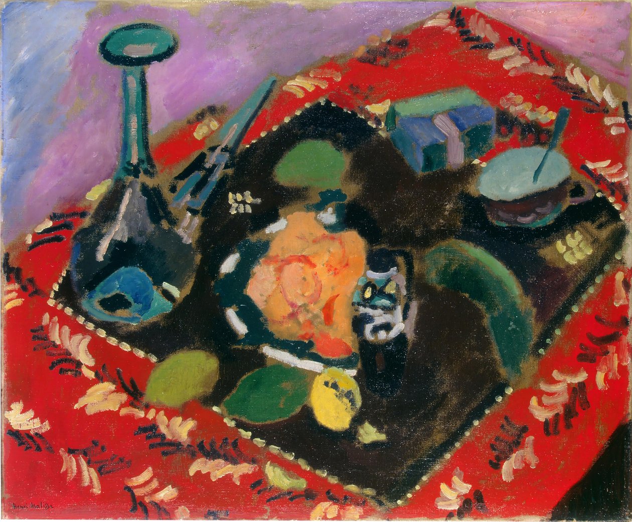 Geschirr und Obst auf einem roten und schwarzen Teppich (Le Tapis Rouge) von Henri Matisse