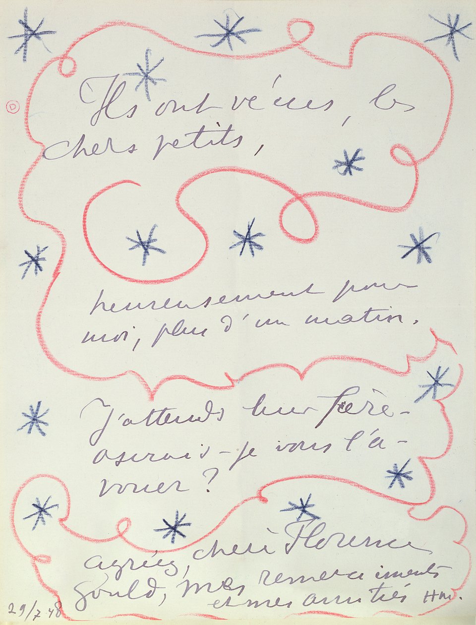 Brief des Malers an Florence Gould (geb. 1895), 29. Juli 1948 von Henri Matisse