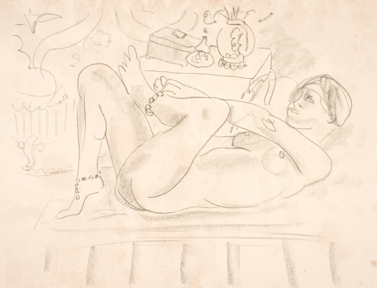 Nackte Frau, auf dem Rücken liegend und mit Perlenketten um die Knöchel (Odaliske) von Henri Matisse