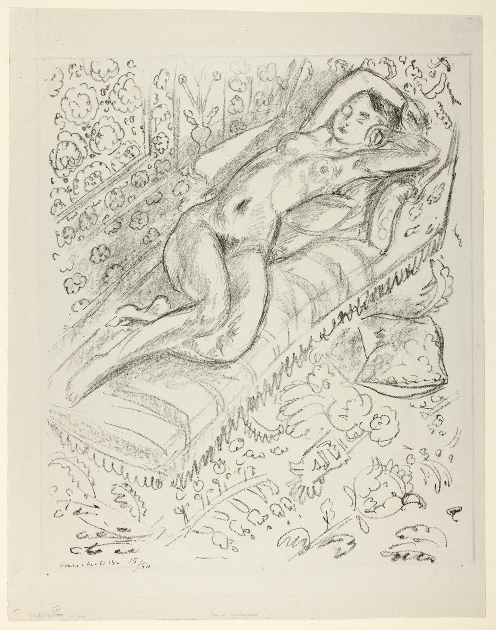 Ruhender Akt auf einer Chaiselongue vor einem Maschrabiyya-Hintergrund von Henri Matisse
