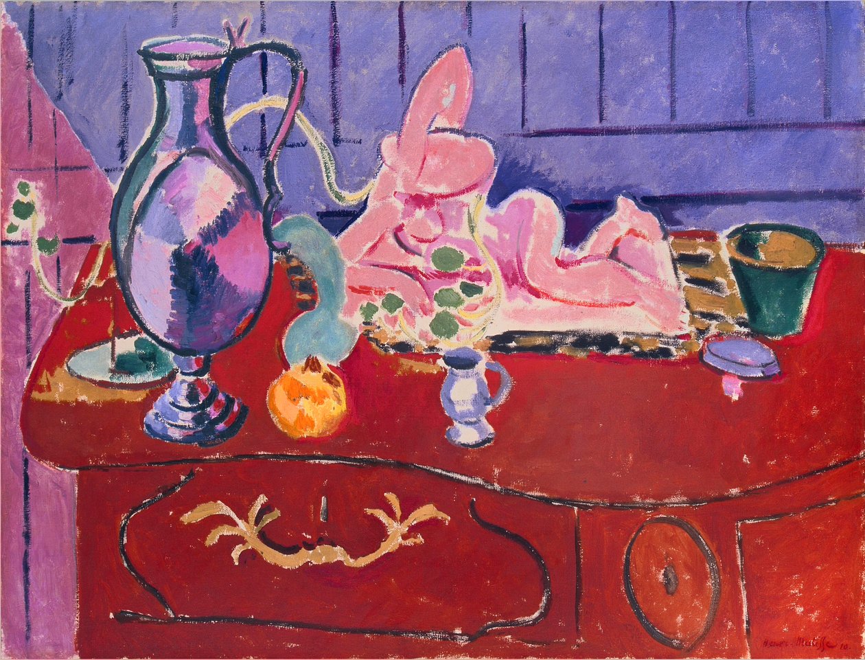 Rosa Statuette und Krug auf einer roten Kommode von Henri Matisse