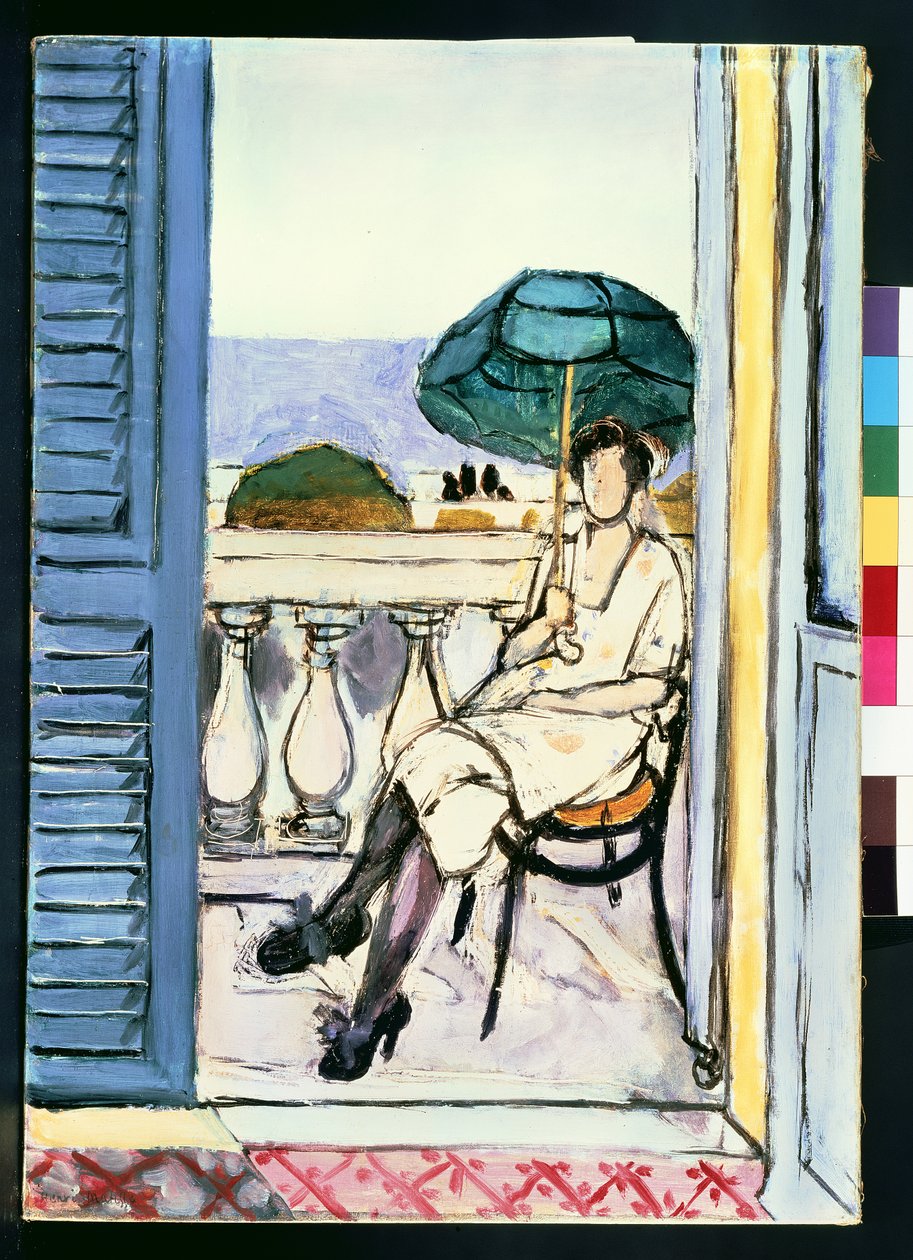 Frau mit grünem Sonnenschirm auf einem Balkon von Henri Matisse