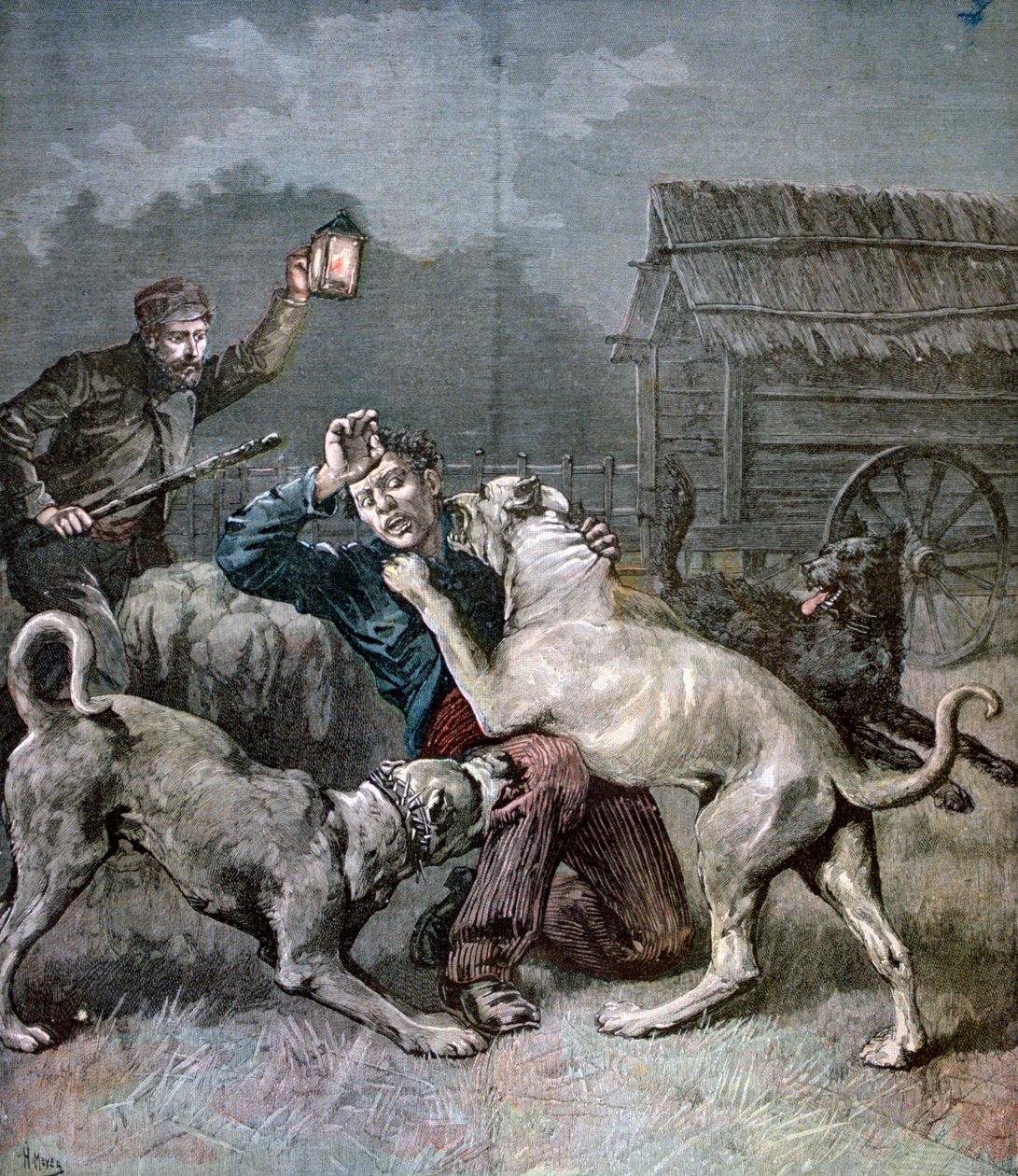 Ein Verbrecher wird von drei großen Hunden angegriffen, 1891 von Henri Meyer