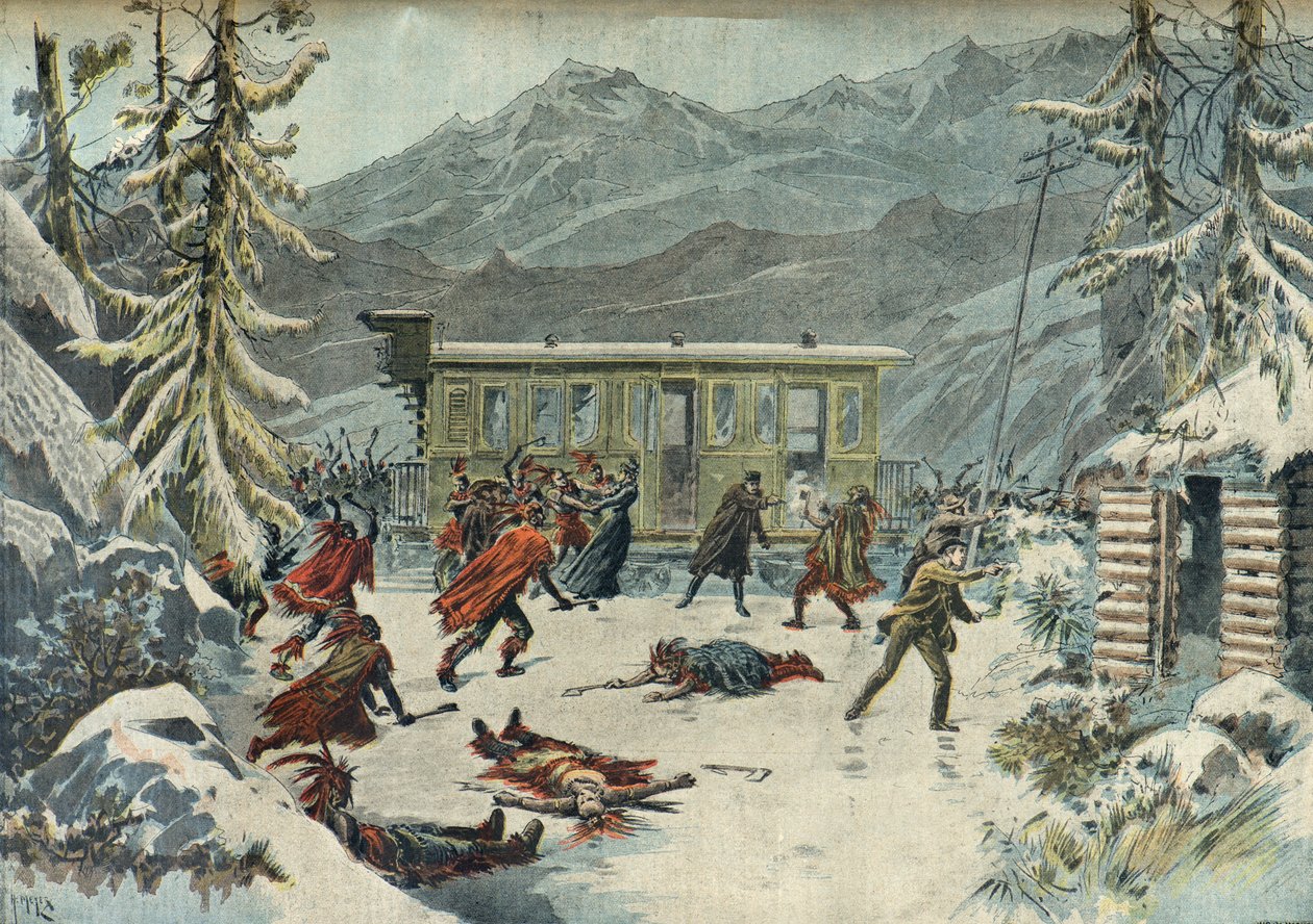 Angriff auf den Zug durch Indianer, aus dem Stück Le tour du monde en 80 jours, Paris 1898 von Henri Meyer