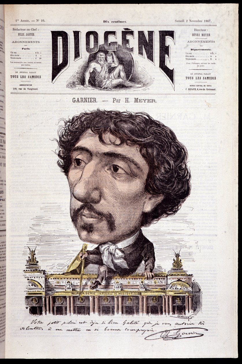 Karikatur von Charles Garnier, sitzend auf seinem Werk, der Oper Garnier - in 