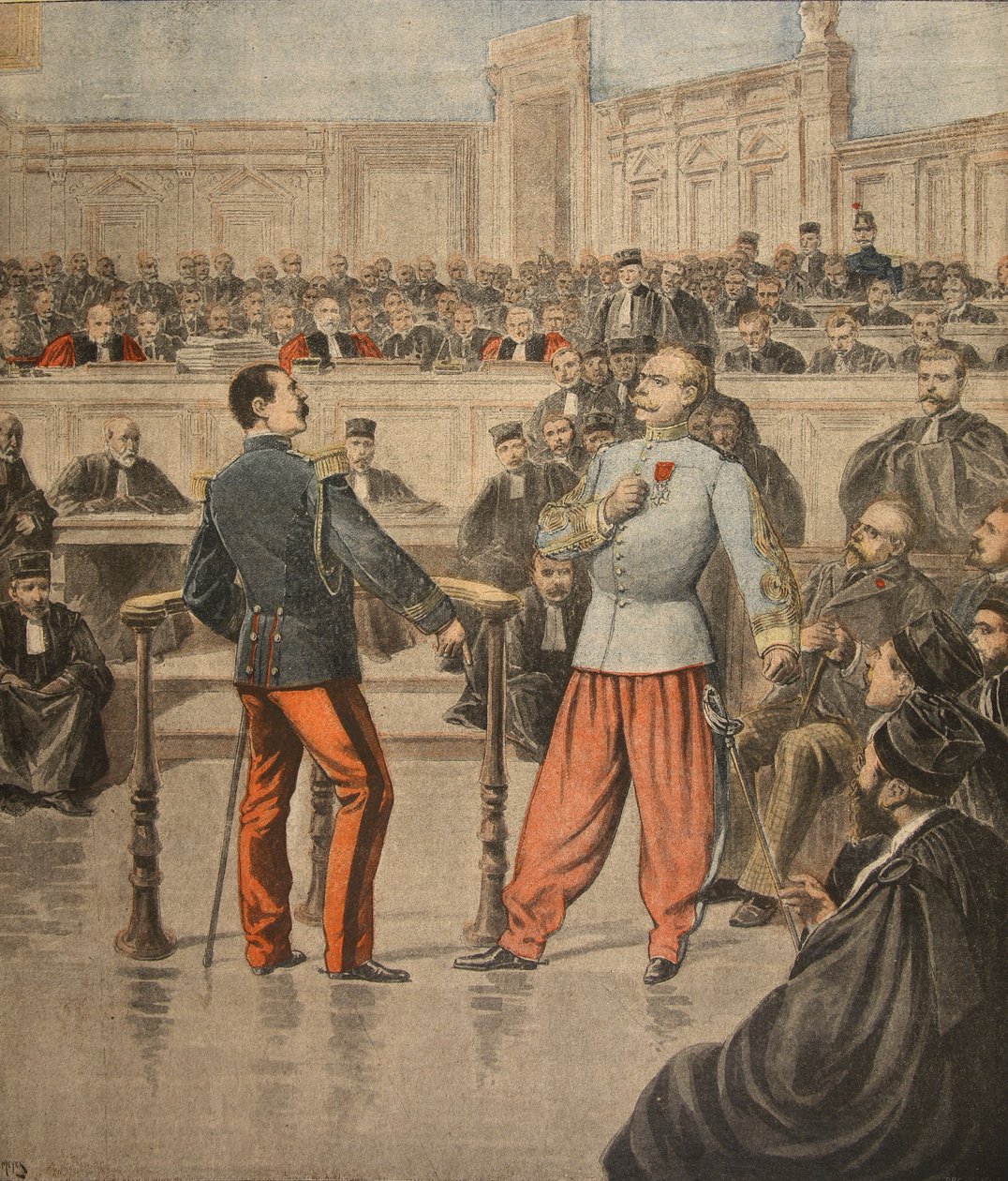 Oberst Henry und Oberstleutnant Picquart sprechen vor dem Assisenhof, Illustration aus 