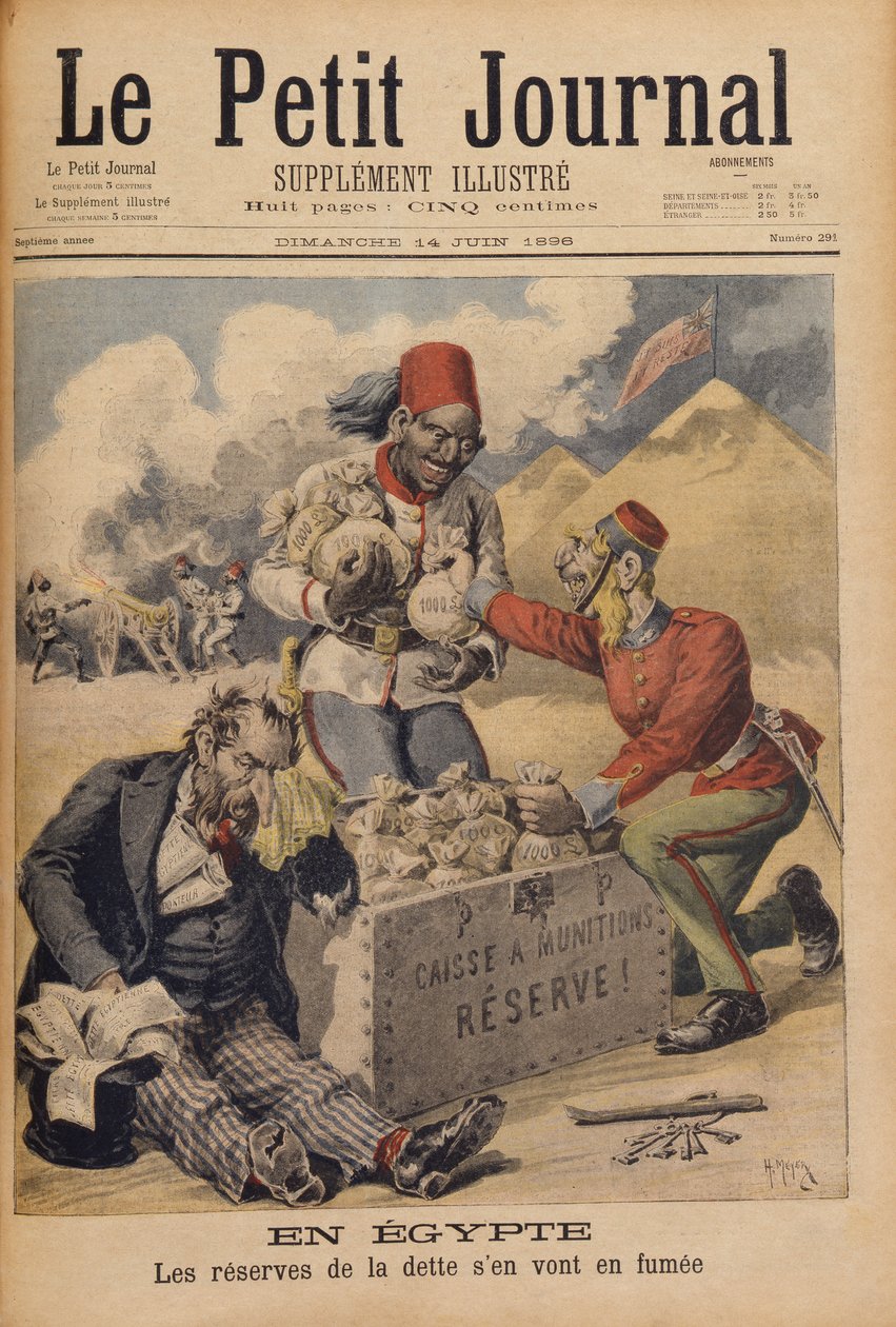 Ägypten: Die Reserven der Schulden gehen in Rauch auf, Illustration aus Le Petit Journal von Henri Meyer