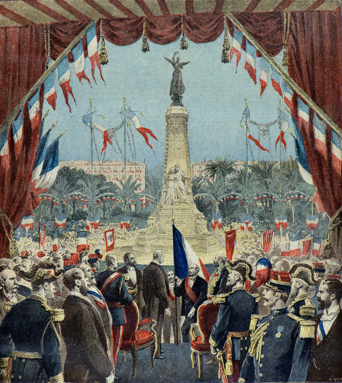 Felix Faure weiht das Denkmal zur Hundertjahrfeier der Wiedervereinigung von Nizza mit Frankreich 1896 ein (Gravur) von Henri Meyer