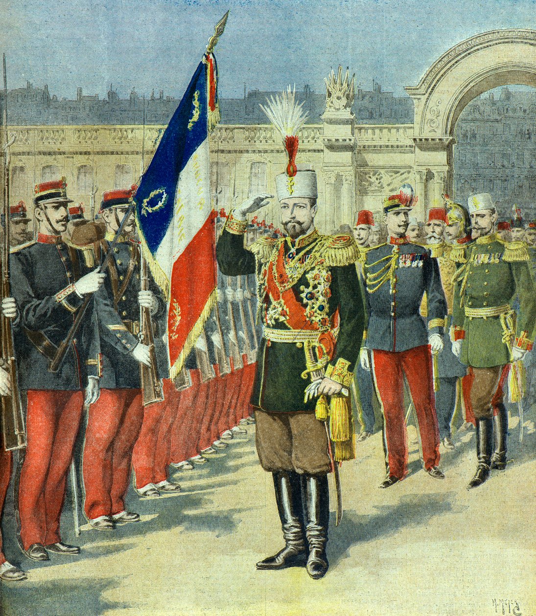 Ferdinand I. König von Bulgarien wird im Elysee-Palast empfangen, Paris 1896 (Gravur) von Henri Meyer