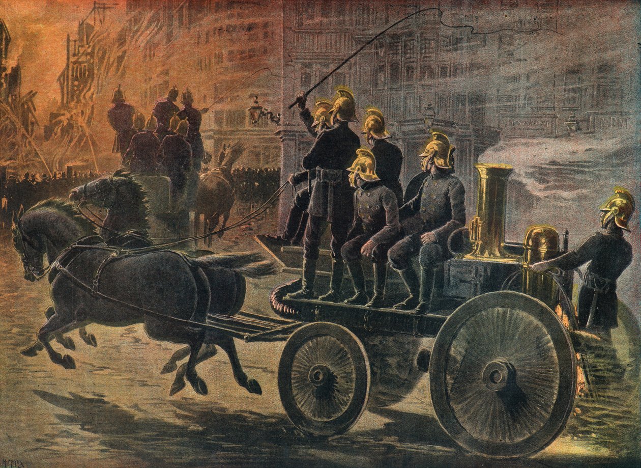 Feuerwehrleute bei einem Brand in London 1897 (Gravur) von Henri Meyer