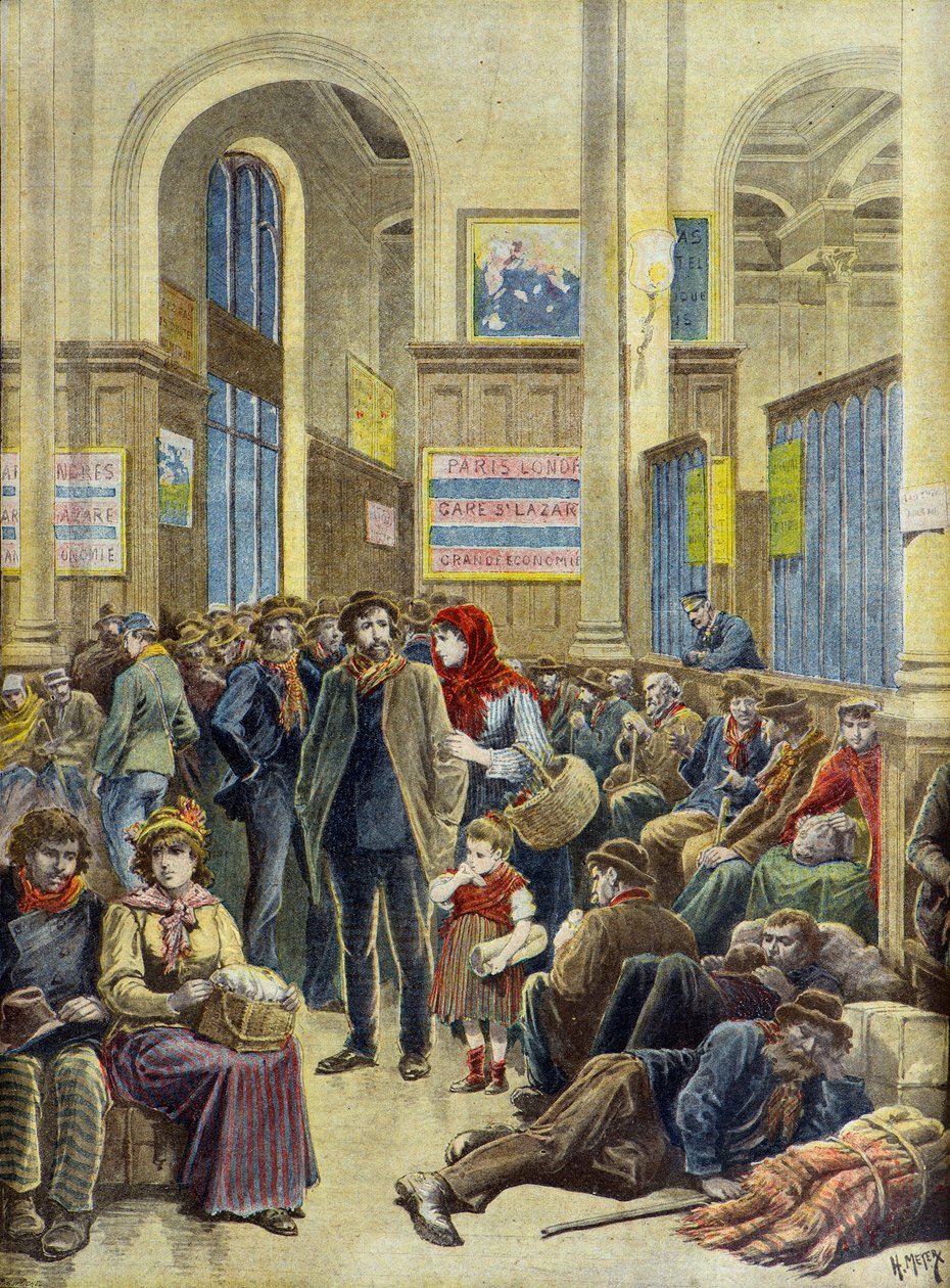 Italienische Auswanderer am Gare Saint Lazare in Paris 1896 (Gravur) von Henri Meyer