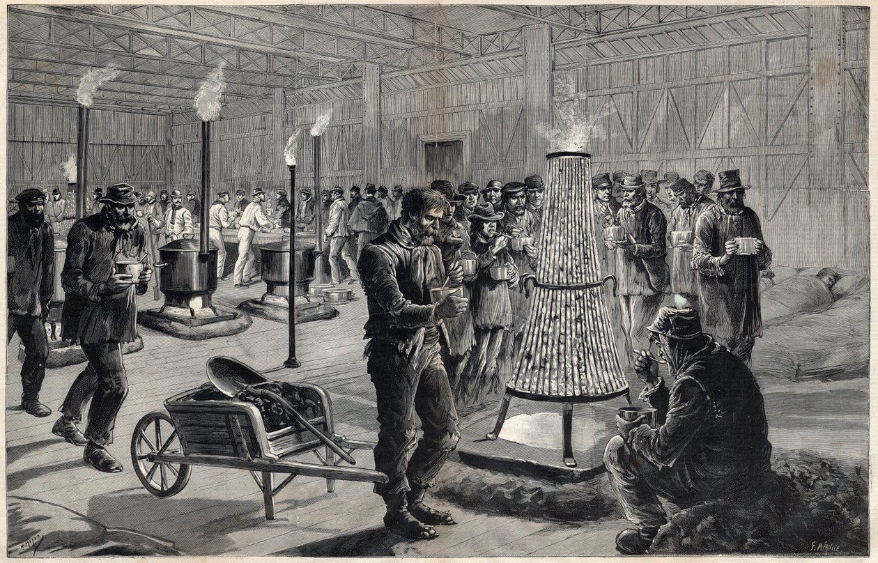 Das Nachtasyl des Palais des Arts Libéraux auf dem Marsfeld im Jahr 1891 - Zeichnung von Henri Meyer, Gravur von Navellier in „Le journal illustrious“ von 1891 von Henri Meyer