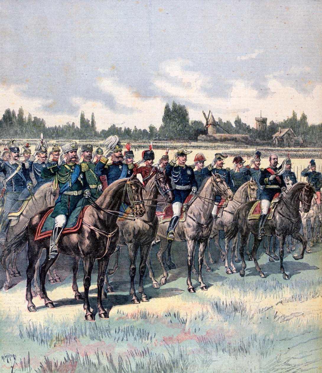 Militärparade mit General Saussier und ausländischen Militärattachés, 14. Juli 1891 von Henri Meyer