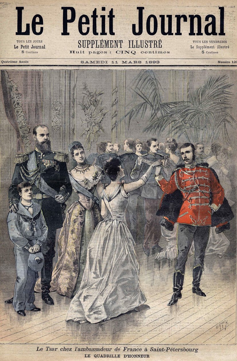 Zar Alexander III. beim Botschafter Frankreichs, Graf von Montebello, in St. Petersburg 1893. Ehrenraster. Titelblatt von Le Petit Journal 1893 (Gravur) von Henri Meyer