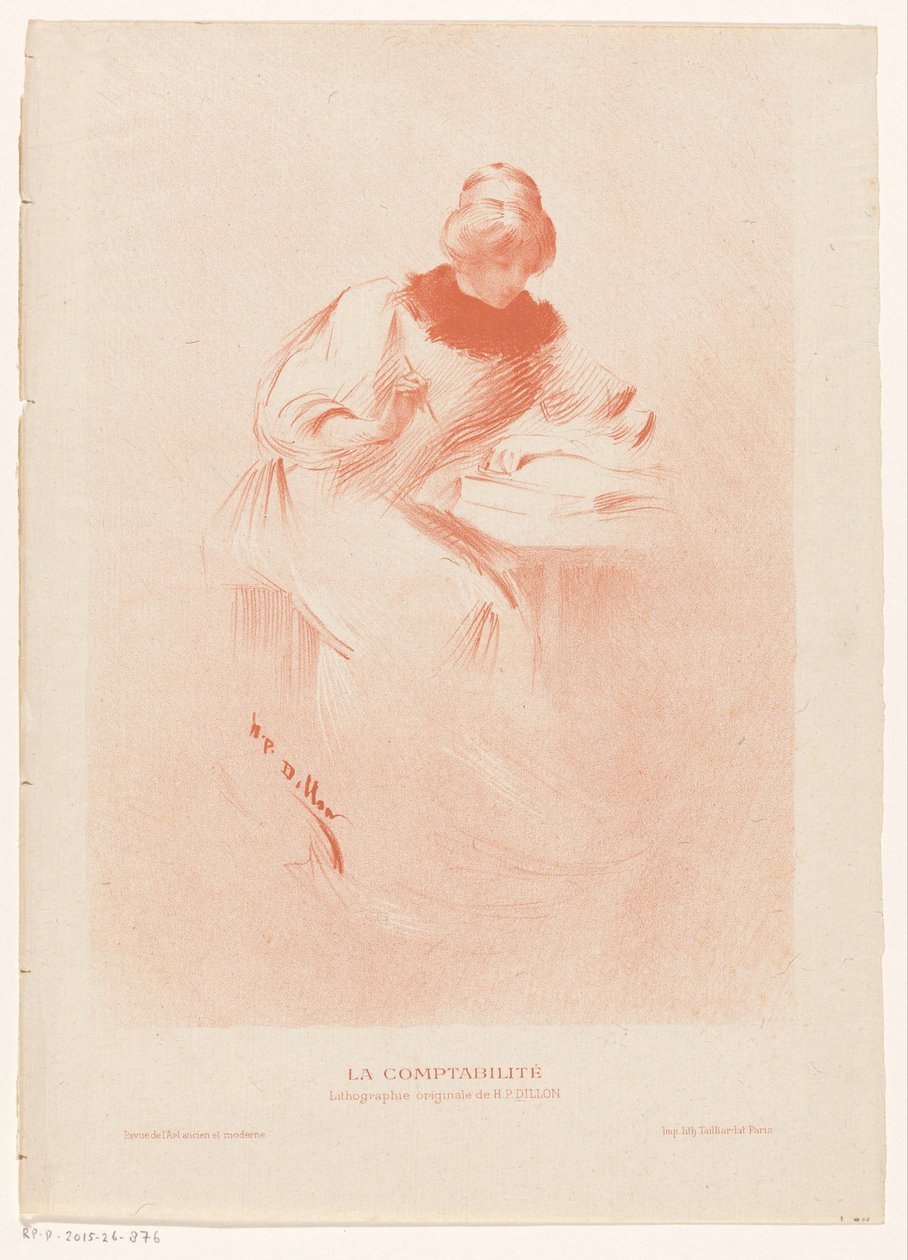 Frau hinter einem Tisch mit einem aufgeschlagenen Buch, eine Feder in der Hand von Henri Patrice Dillon