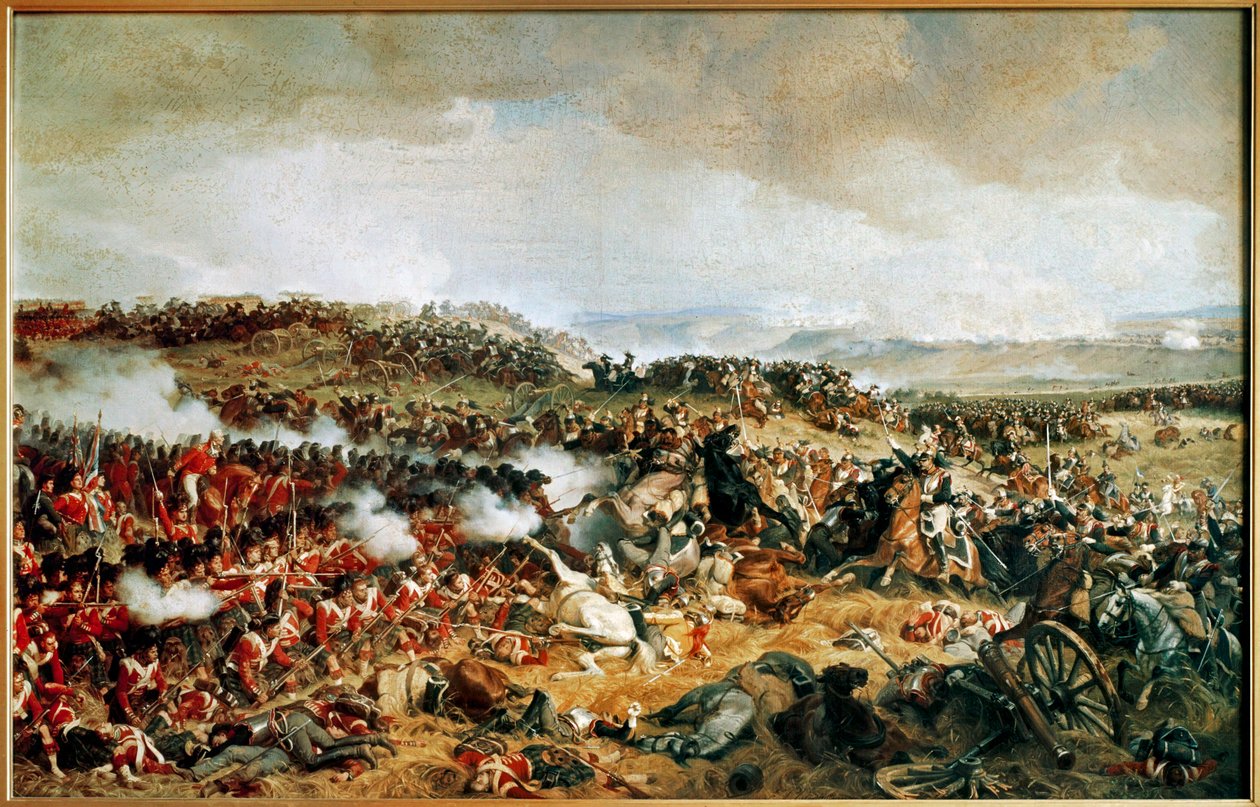 Die Schlacht von Waterloo 1815 - Französische Kürassiere greifen schottische Highlander im Quadrat an (Gemälde auf Leinwand) von Henri Philippoteaux