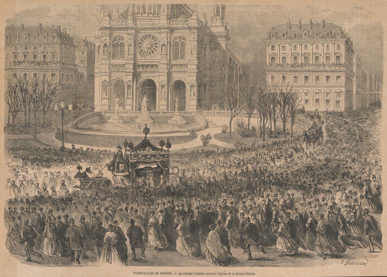 Das Begräbnis von Gioacchino Rossini. Der Trauerzug verlässt die Kirche, 1868 von Henri Pierre Léon Pharamond Blanchard