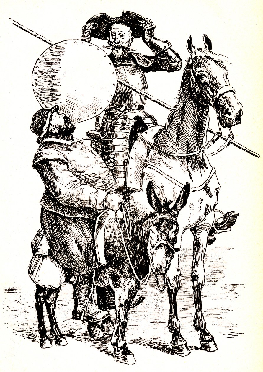 Don Quichotte auf seinem Pferd, neben Sancho auf seinem Esel von Henri Pille