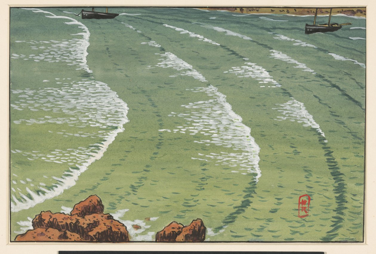 Meer in einer Bucht mit Schiffen vor der felsigen Küste von Henri Rivière