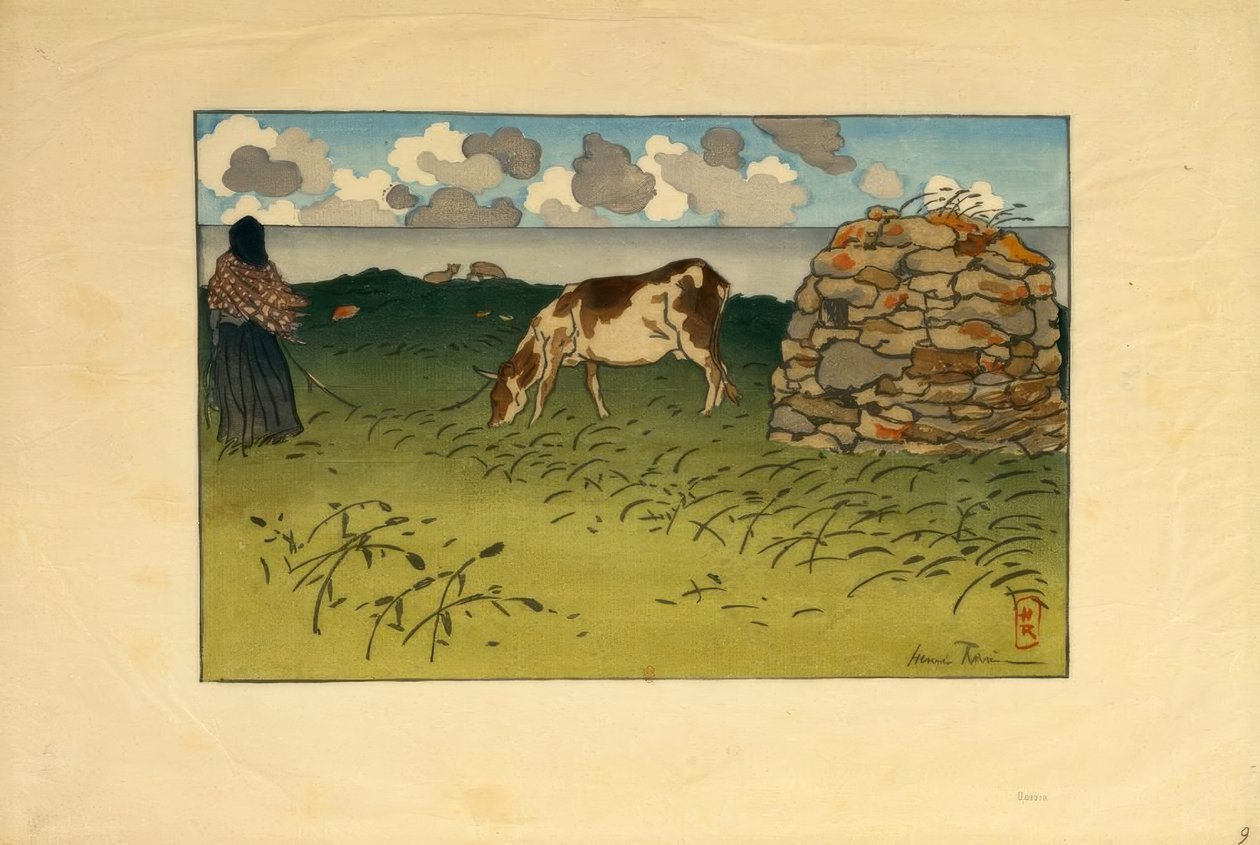 Eine Frau und eine Kuh, Pointe de la Haye (Saint-Briac) von Henri Rivière