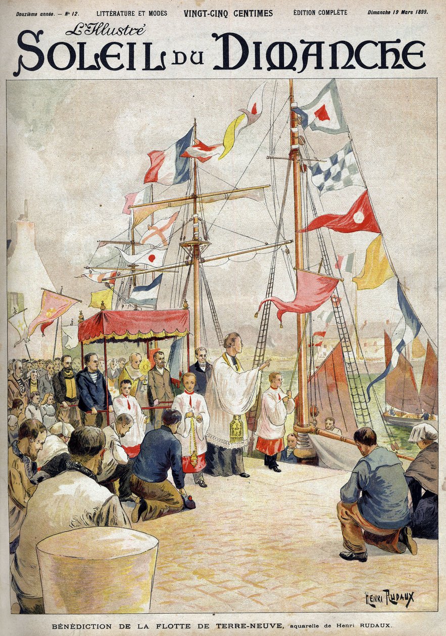 Segnung der Neufundlandflotte durch Henri Rudaux. Gravur in „Le soleil-du-dimanche“, 19. März von Henri Rudaux