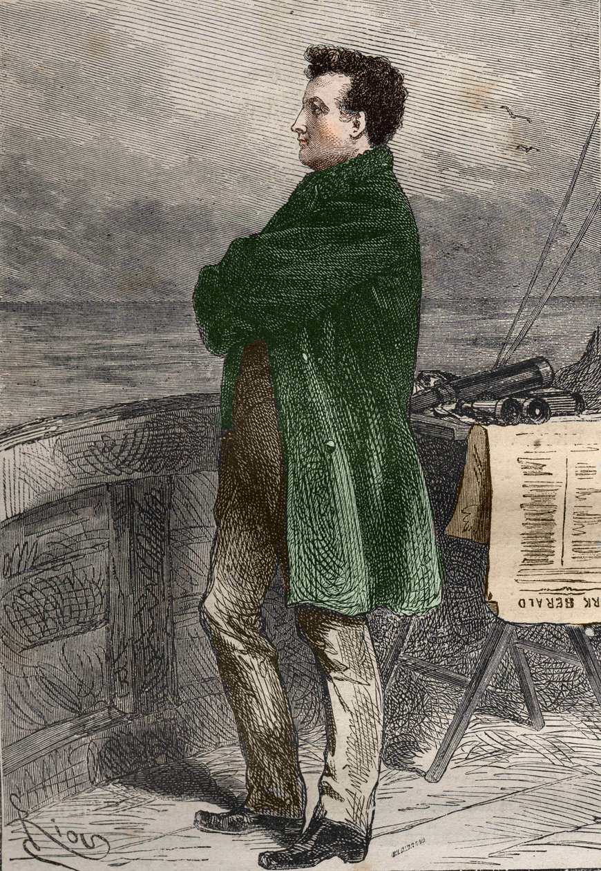 Professor Aronnax blickt auf den Horizont. Zwanzigtausend Meilen unter dem Meer von Jules Verne. Gravur von Hildibrand von Henri Theophile Hildibrand