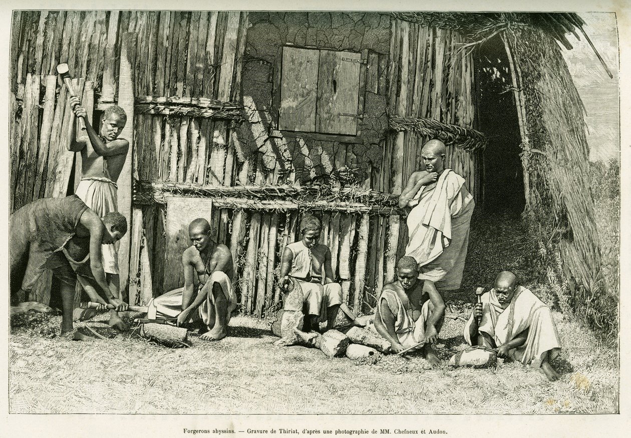 Abessinische Schmiede. Gravur von Thiriat, nach einer Fotografie, zur Illustration der Geschichte „Reise nach Choa (Südliches Abessinien)“ von Henri Thiriat