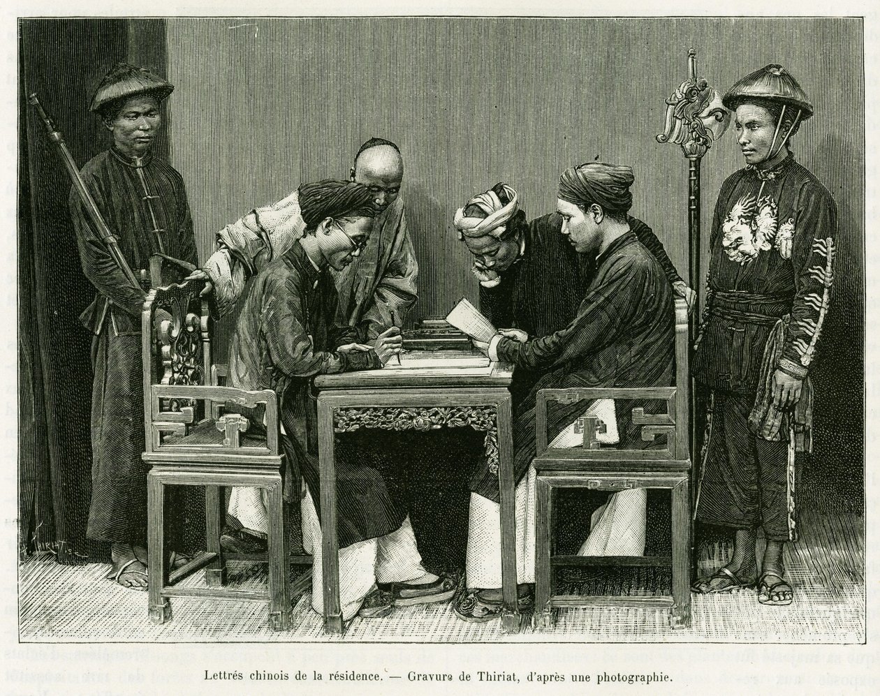 Chinesische Briefe aus der französischen Residenz in Hanoi. Gravur von Thiriat, nach einer Fotografie, zur Illustration der Geschichte „Dreißig Monate in Tonkin“ von Doktor Hocquard, veröffentlicht in Le Tour du monde 1889 von Henri Thiriat
