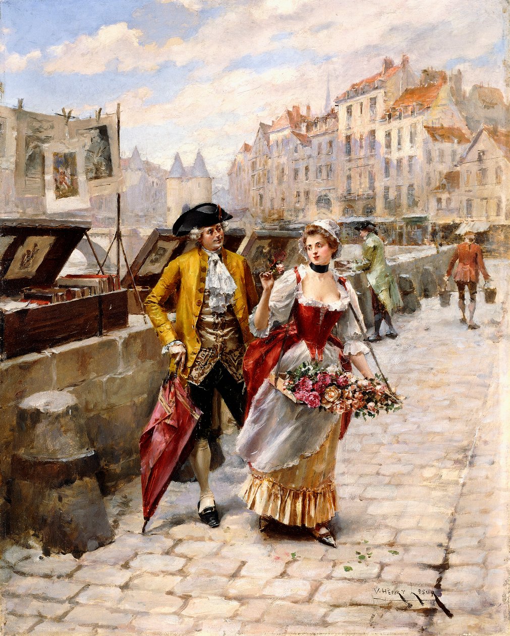 Herr und Blumenmädchen bei Buchständen an der Seine von Henri Victor Lesur