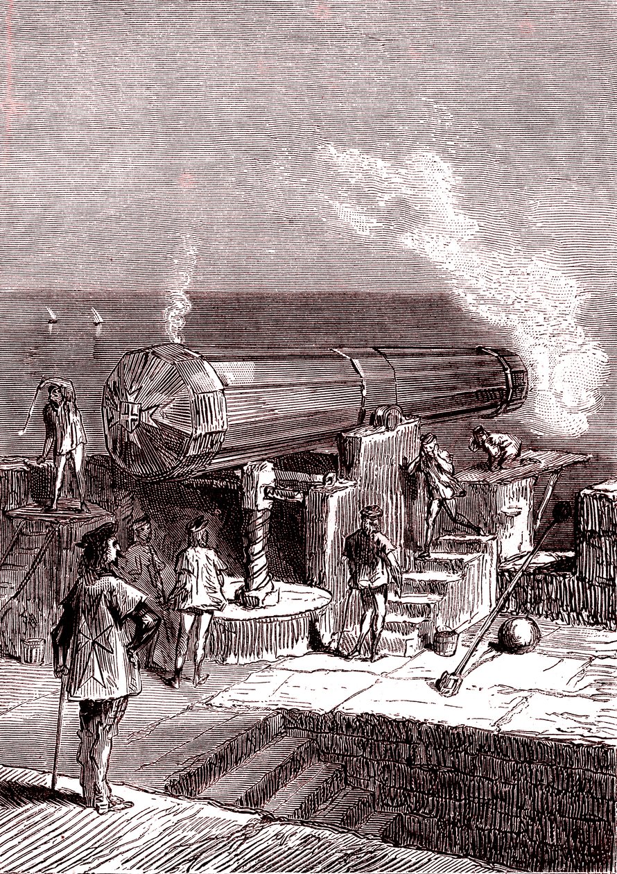 Die Riesengeschützkanone auf der Insel Malta, Kunstwerk, "Von der Erde zum Mond" von Jules Verne von Henri de Montaut