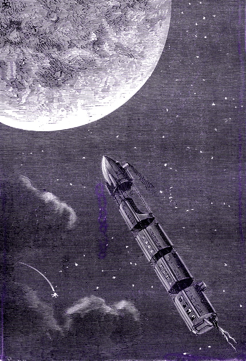 Zug von Kugeln (oder Projektilen), die von einer Riesengeschützkanone zum Mond abgefeuert wurden, "Von der Erde zum Mond" von Jules Verne von Henri de Montaut