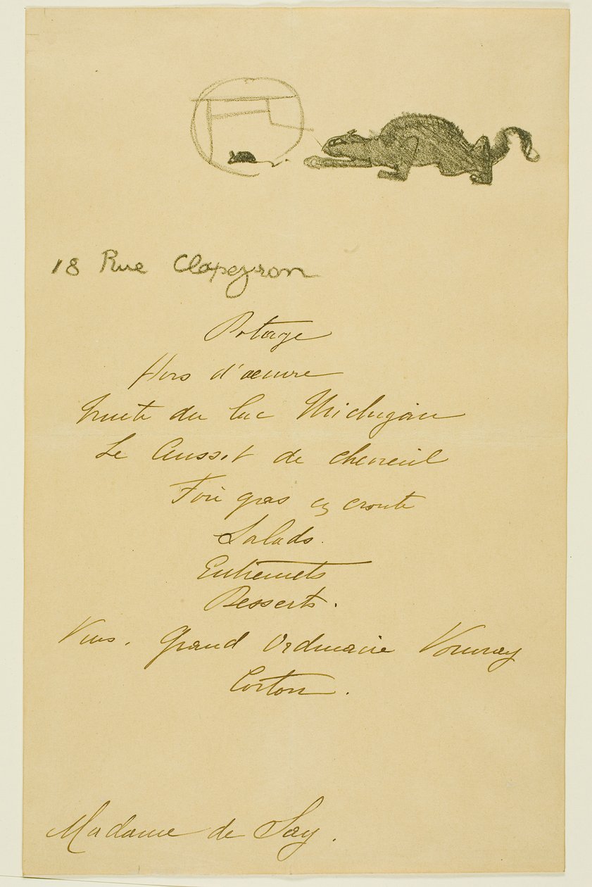 Menü für ein Abendessen gegeben von May Belfort von Henri de Toulouse-Lautrec