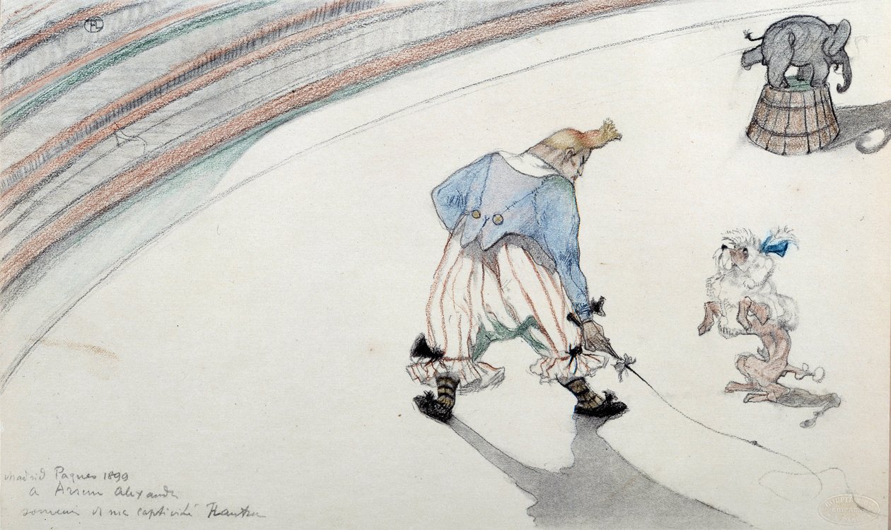 Zirkusszene: Dressur. Ein Clown mit einem Wissenschaftshund und einem akrobatischen Elefanten. Zeichnung von Henri de Toulouse Lautrec 19. Jahrhundert Albi, Musee de Toulouse Lautrec von Henri de Toulouse Lautrec