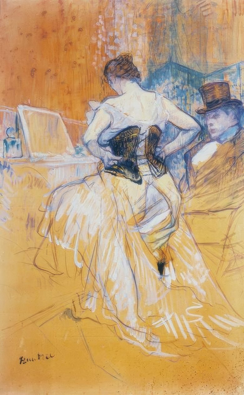 Frau zieht ihr Korsett an, flüchtige Eroberung von Henri de Toulouse Lautrec