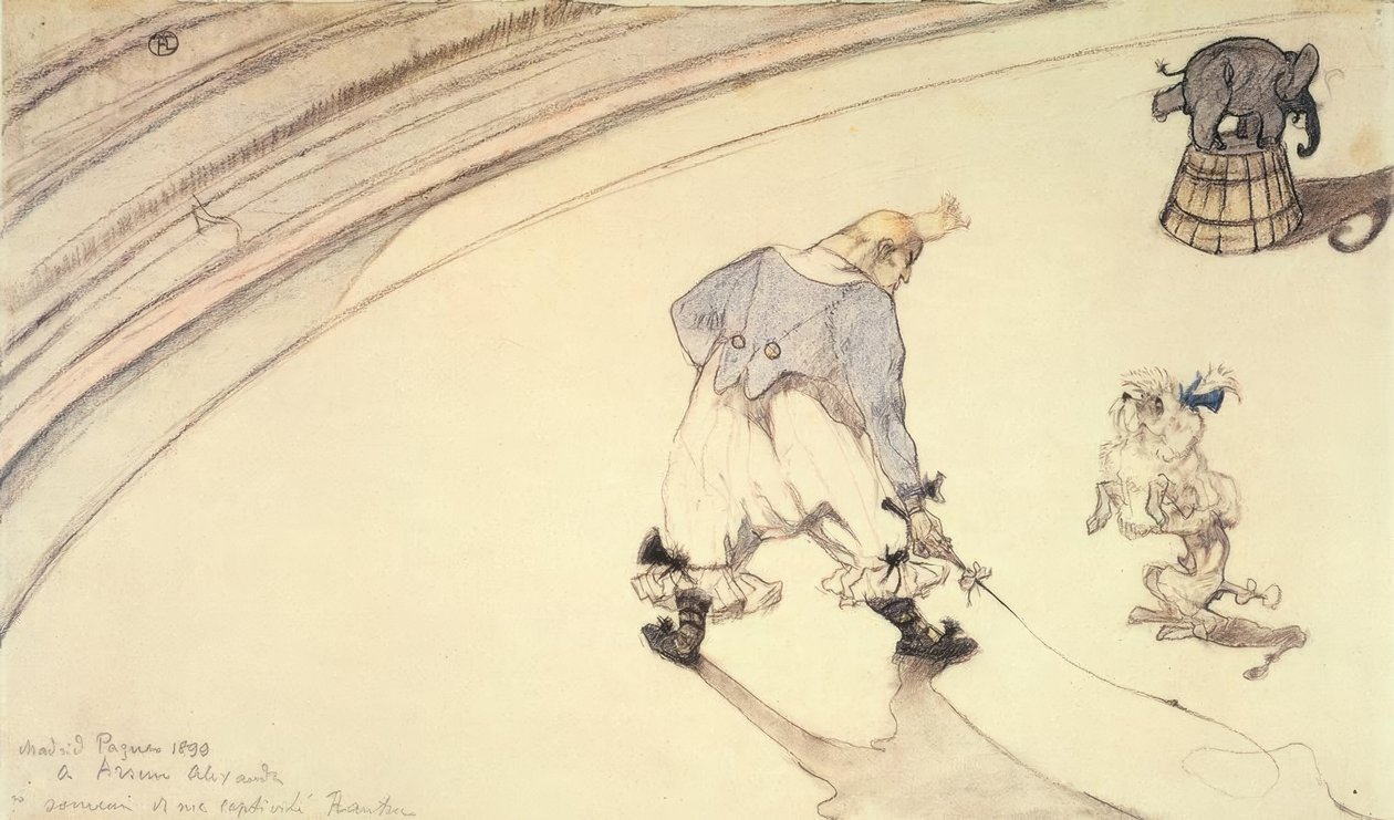 Im Zirkus: Der Clown Footit mit Pudelhund und Elefant von Henri de Toulouse Lautrec