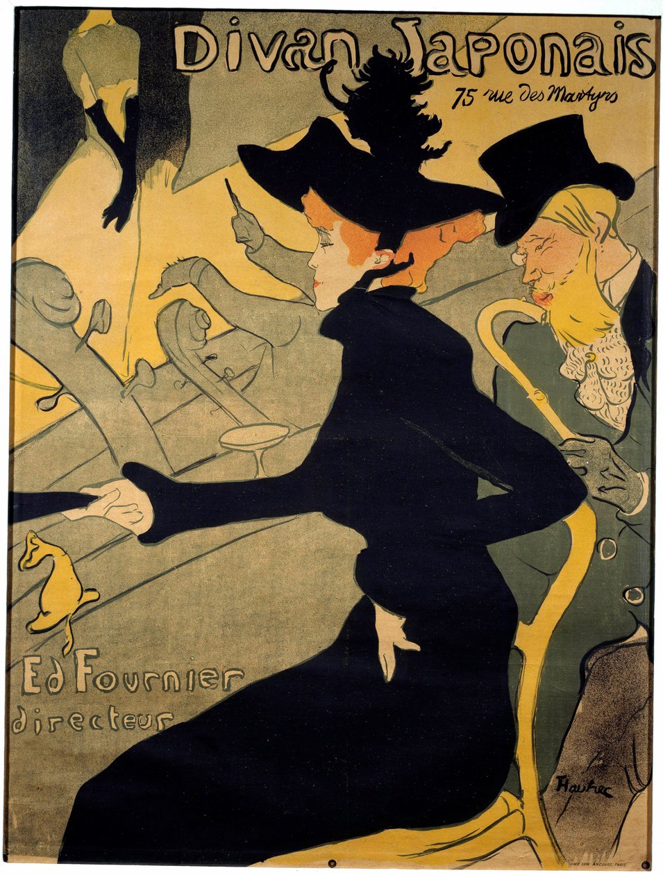 Plakat für das Pariser Kabarett „Das japanische Sofa“ mit der Tänzerin Jane Avril (1868-1943) und dem Tänzer. Schriftsteller Edouard Dujardin (1861-1949) beobachtet die Sängerin Yvette Guilbert (1867-1944) auf der Bühne - Lithographie von Henri de Toulouse von Henri de Toulouse Lautrec