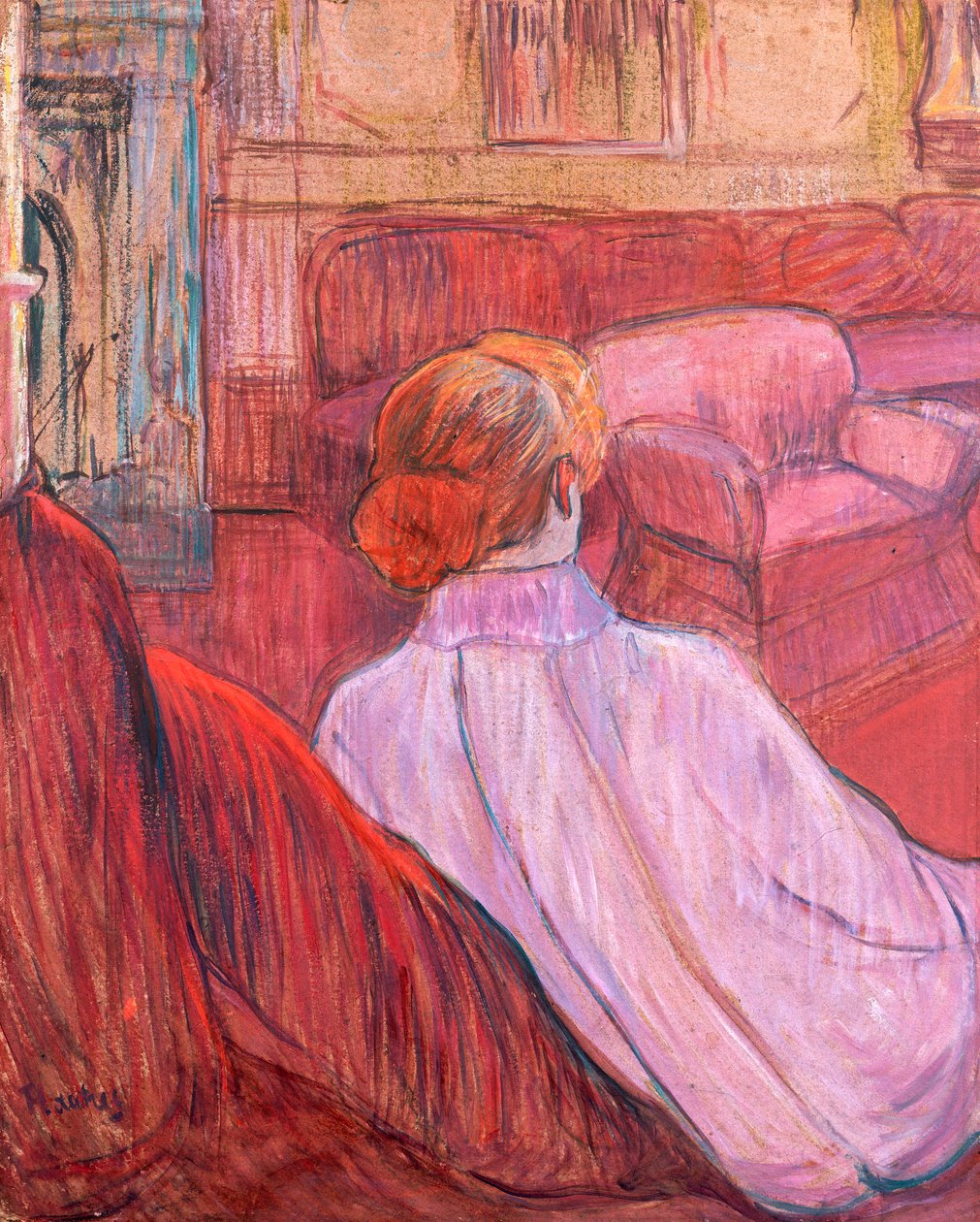 Frau auf einem roten Sofa sitzend von Henri de Toulouse Lautrec