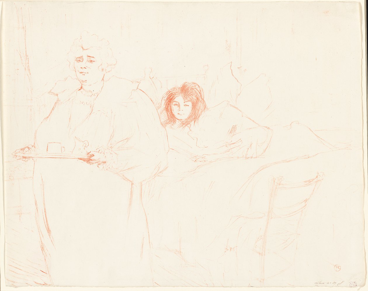 Frau mit einem Tablett—Frühstück (Madame Baron und Mademoiselle Popo), Platte zwei aus Elles von Henri de Toulouse Lautrec