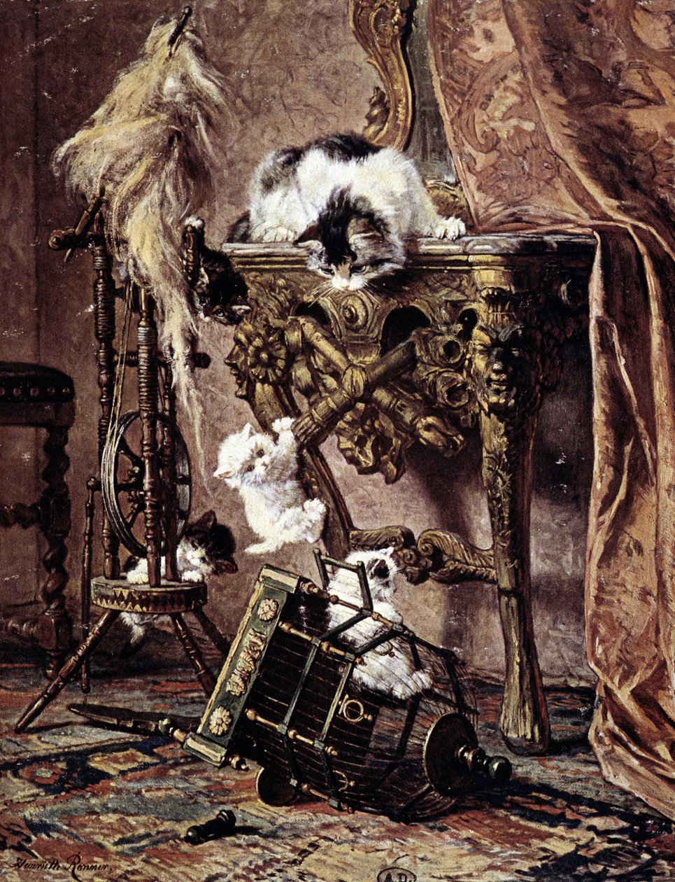 Eine Katze beobachtet ihre spielenden Kätzchen - von Henriette Ronner von Henriëtte Ronner Knip
