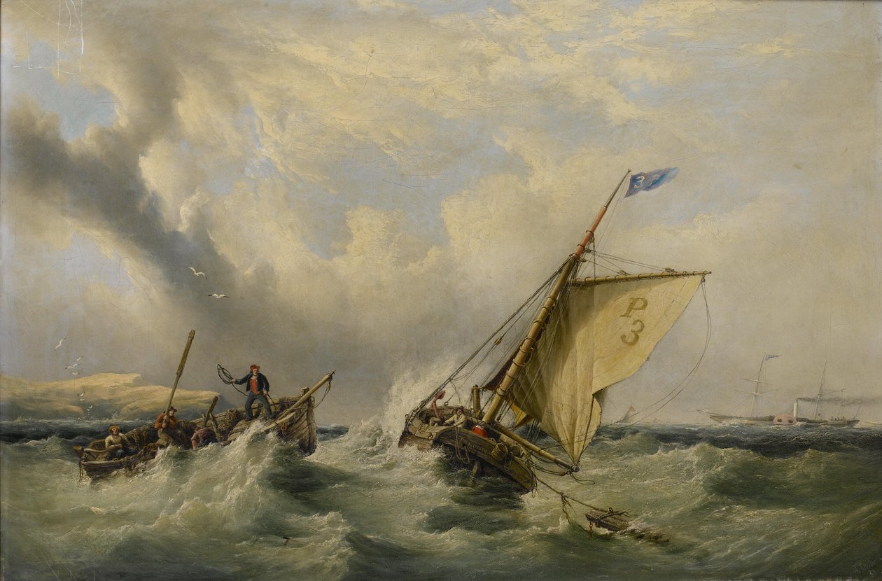 Lotsenschoner Nr. 3 mit einem Ruderboot, das sich nähert, und einem Raddampfer in der Ferne von Henry King Taylor
