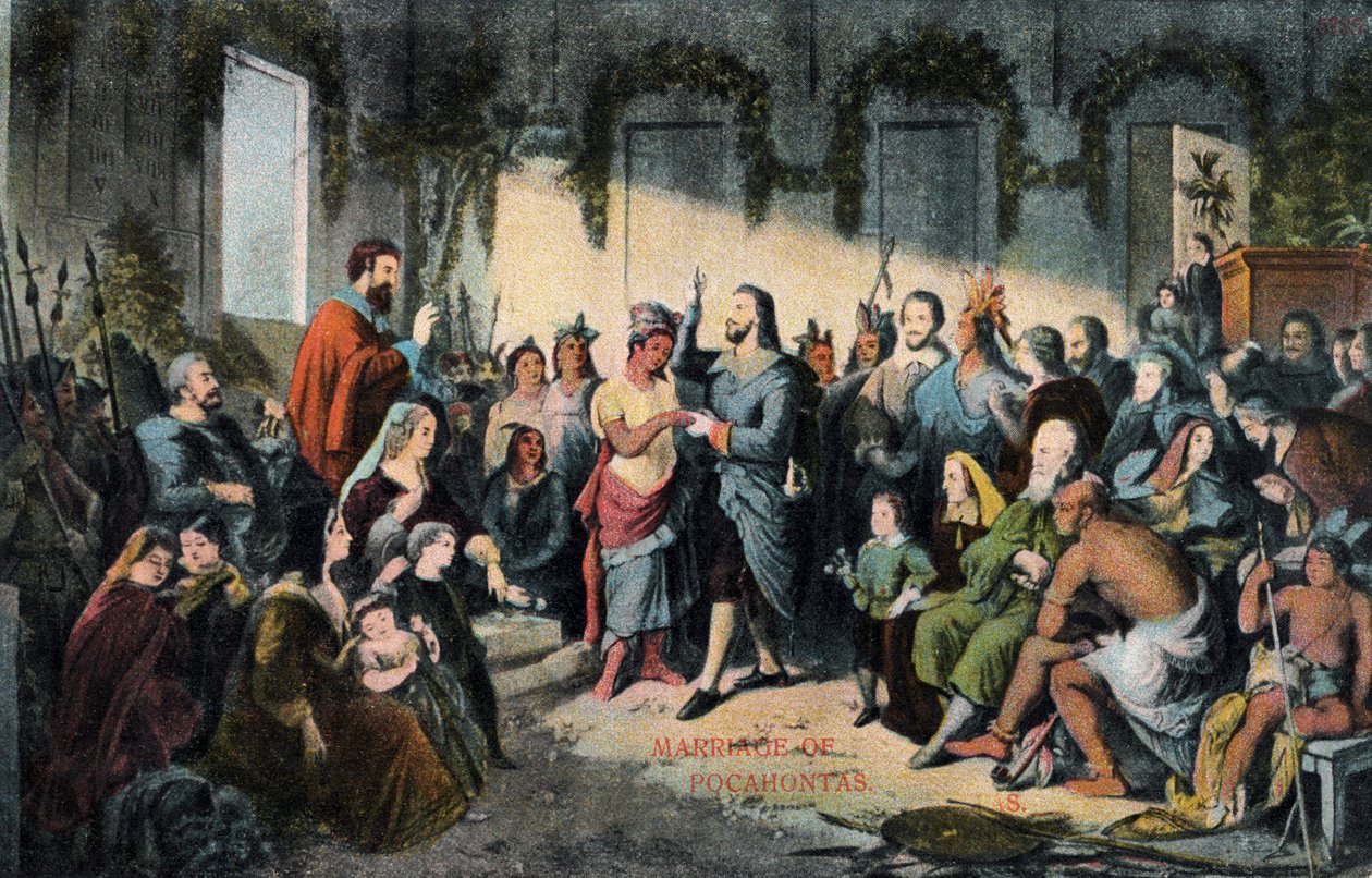 Die Hochzeit von Pocahontas und John Rolfe in Jamestown im Jahr 1614 von Henry (after) Brueckner
