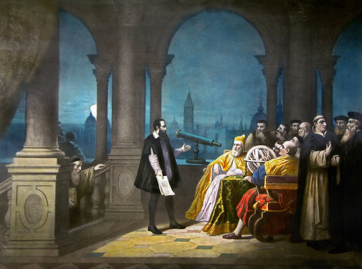 Galileo Galilei demonstriert sein Teleskop Leonardo Donato, Dogen von Venedig und dem venezianischen Senat im Jahr 1609, um 1900 von Henry (after) Detouche