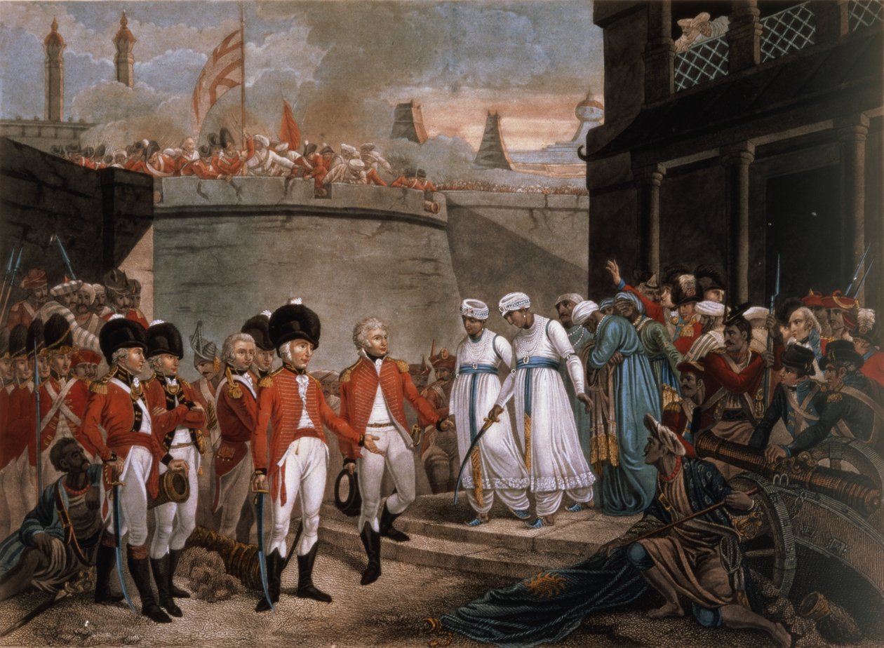 Die Kapitulation von zwei Söhnen von Tippoo Sahib (1749-99) als Geiseln als Wiedergutmachung für den Krieg gegen Großbritannien von Henry (after) Singleton