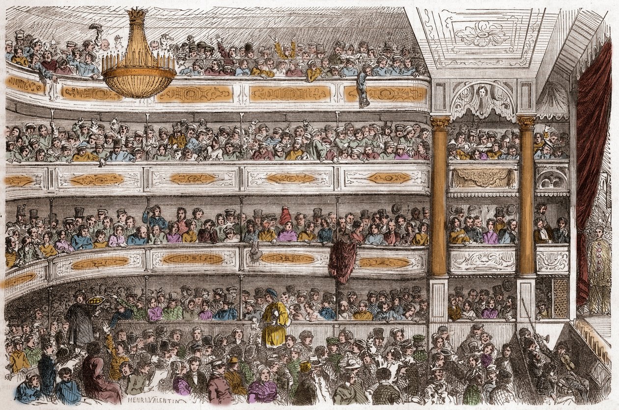 Das Auditorium des Théâtre des Funambules in Paris im 19. Jahrhundert - Théâtre des Funambules, Boulevard du Temple in Paris, im 19. Jahrhundert - Gravur von Henri Valentin (1822-1886) in „Tableau-de-Paris“ von Edmond Texier 1852 von Henry Augustin Valentin