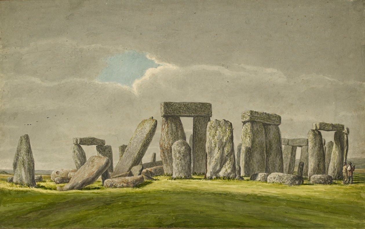 Stonehenge von Südosten, zeigt Steine im ruinösen Zustand mit 2 Besuchern, 1824-1839 von Henry Browne
